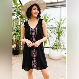 Savanna Jane Black Boho Embroidered Swing Dress Ruffle Sleeves 1X